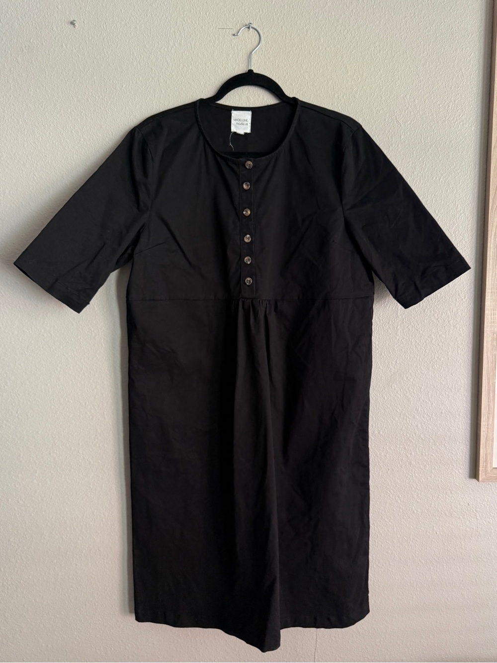 Madeleine Maternity Cotton Shift Dress Black 3/4 Sleeve Buttons Sz M Studio 18